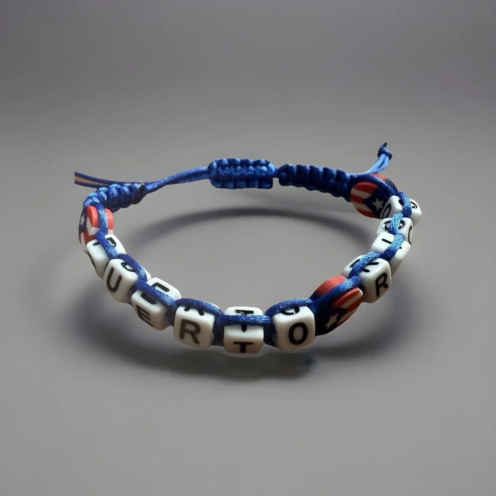 Puerto Rico Letters Unisex Macrame Bracelet Flag Beads Red Blue Black Adjustable